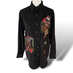 Vtg Bill Blass Stretch Button Down Womens Christmas Top Embroidered Sz M